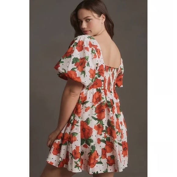 Maeve Anthropologie Red Poppy Floral Babydoll Mini Dress Puff Sleeve Large - Picture 15 of 16